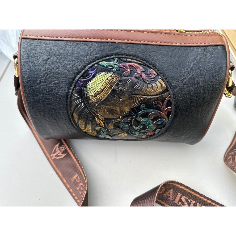 Pengdadaishu Black Faux Leather Elephant Embossed Crossbody Barrel Bag Brown stp